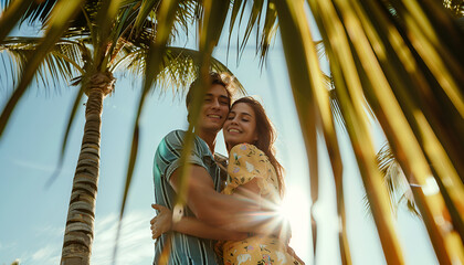 woman and man hugging sittilg under palm, summer vocation