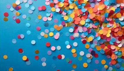 Wall Mural - Top view of colorful confetti scattered on blue background