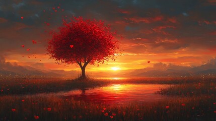 Wall Mural - a lone tree with heart-shaped leaves stands in a field at sunset, with a reflection in the water.