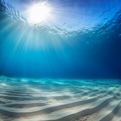 underwater background deep blue sea and beautiful light rays with sandy floor