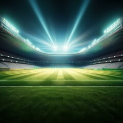 universal grass stadium illuminated by spotlights and empty green grass playground, grand sport building digital 3D background advertisement background illustration