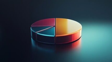 Fototapete - An abstract 3D pie chart with metallic shades and reflective surfaces, floating against a dark background, illustrating a business or financial breakdown.