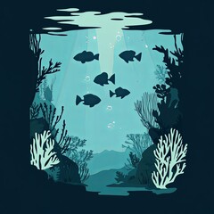 Simple illustration of an underwater scene with silhouettes of fish and coral.