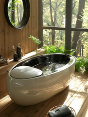 Sticker - A serene ultra compact bathroom features sleek black and white bathtub surrounded by lush greenery and natural wood accents, creating tranquil oasis