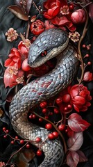 Wall Mural - Serpent Among Red Flowers: A Close-Up View