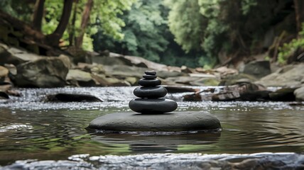 A zen rock stack balances on a large stone in a peaceful stream surrounded by lush greenery.