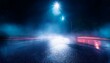 © Fbio - Wet asphalt, reflection of neon lights, a searchlight, smoke. Abstract light in a dark empty street with smoke, smog. Dark background scene of empty street, night view, night city.