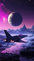 Poster - A futuristic spacecraft navigates a vibrant alien landscape under a large planet.