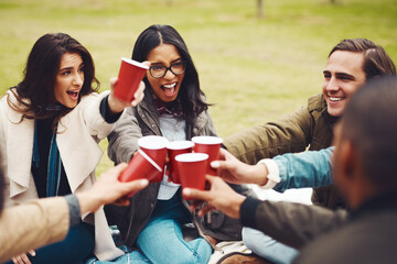 Canvas Print - Park, happy and friends with drink for toast, celebration and bonding together in social gathering. Screaming, people and glasses with alcohol for achievement, reunion and cheers in outdoor picnic