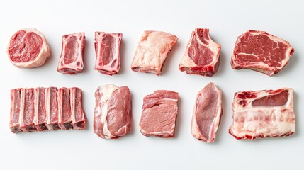 Wall Mural - An assortment of raw pork cuts, including ribs, loin, and shoulder, arranged neatly on a white background, perfect for showcasing different types of pork.