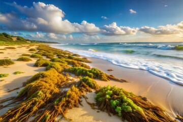 Wall Mural - Tranquil beach scene with seaweed waves and vibrant sunset