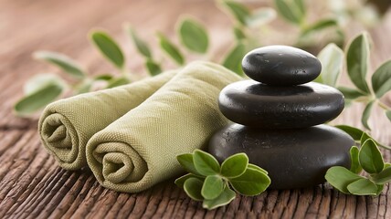 A stack of three smooth black stones, two rolled green towels, and green leaves on a wooden surface.