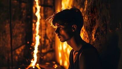 Introspective young man surrounded by contrasting fiery light and shadows in a dimly lit room