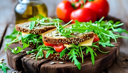 Wall Mural - Vibrant fresh vegetable sandwich on seeded bread, styled with arugula, tomatoes, and cheese on a rustic wooden board