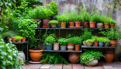 Wall Mural - Vibrant Patio Oasis Featuring Potted Herbs and Lush Greenery on an Elegant Metal Stand