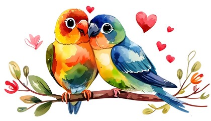 Wall Mural - charming watercolor vector illustration of love birds in a whimsical design