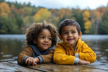 Biracial siblings outdoors relaxing by lake on wooden pier, Generative AI