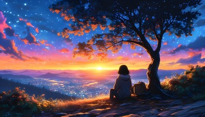 Wall Mural - Lofi anime scene of person lounging under tree, gazing at starry night sky, blending sunset hues with celestial beauty