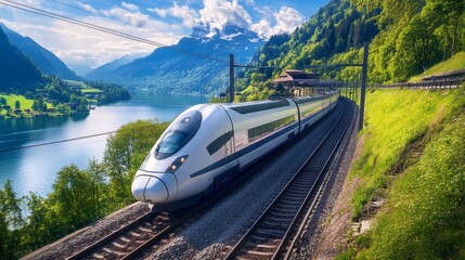 Poster - An exterior shot of a high-speed train traveling along a picturesque landscape, with a focus on its aerodynamic shape and streamlined design.