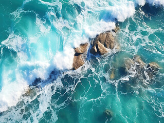 Wall Mural - Generous Aerial top view of waves and rocks in the sea, slow motion, Vertical video