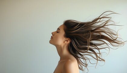 Wall Mural - Elegant silhouette of woman with botanical hair merging into nature against a soft, luminous backdrop