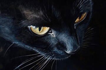 Canvas Print - Close-up Oil Painting of a Black Cat's Face with Golden Eyes