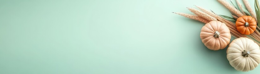 Canvas Print - a green background with three pumpkins on it