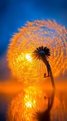 Wall Mural - A single dandelion seed head with a person standing beneath it, backlit by the rising sun, reflected in a body of water.