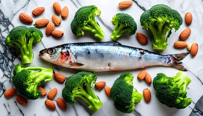 Vibrant healthy eating display featuring raw broccoli florets, almonds, and fresh sardines on a stylish marble backdrop