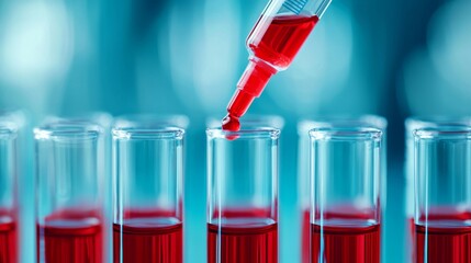Wall Mural - red liquid dropped into test tubes in lab