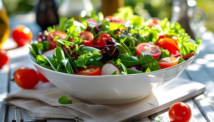 Wall Mural - Vibrant mixed green salad with cherry tomatoes in a white bowl on a sunlit dining table