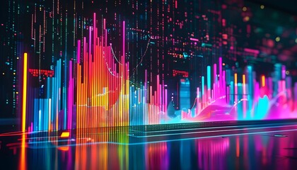 Wall Mural - Dynamic 3D Illustration of Colorful Graph Bars Reflecting Data Visualization in a Modern Tech Landscape