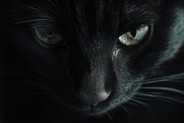 Wall Mural - Close-Up of a Black Cat's Face with Green Eyes