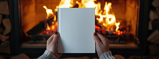 in his hands a white book on the background of the fireplace. Selective focus