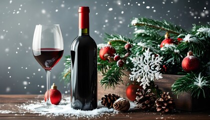 Festive Wine Display Adorned with Christmas Ornaments, Pine Branches, and Snowy Elements