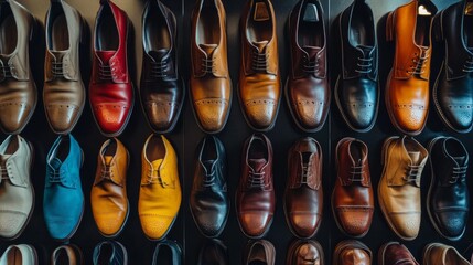 An overhead view of a collection of fashionable shoes arranged neatly on a rack, showcasing various styles and colors, from boots to loafers.