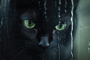 Sticker - Black Cat with Green Eyes Peeking Through Wet Glass