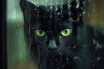 Wall Mural - Black Cat Gazing Through a Rain-Streaked Window