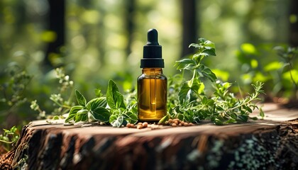 Wall Mural - Natural herbal remedy setup with powder, dropper bottle, and herb roots on rustic wooden surface amidst serene forest backdrop