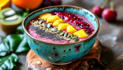 Wall Mural - Vibrant smoothie bowl adorned with fresh fruits and seeds in an artistic ceramic dish