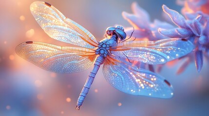 Poster - A delicate dragonfly with iridescent wings perches on a lavender bloom, bathed in soft, golden light.