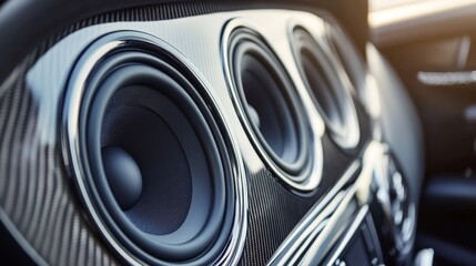 Wall Mural - Close-up of high-quality car speakers installed in a luxury vehicle, showcasing their sleek design and integration with the car's interior.