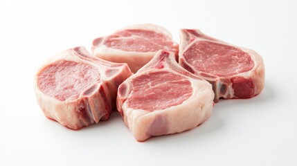 Fresh, raw pork chops displayed on a white background, showcasing their pink color and marbled texture, ready for cooking or grilling