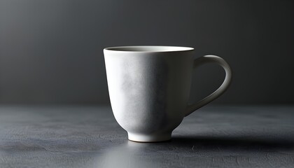 Minimalist white ceramic coffee cup on dark textured surface with stylish gradient gray backdrop