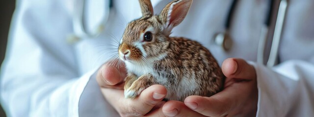 Wall Mural - the veterinarian holds a rabbit in his hands. Selective focus