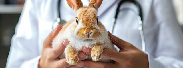 Wall Mural - the veterinarian holds a rabbit in his hands. Selective focus