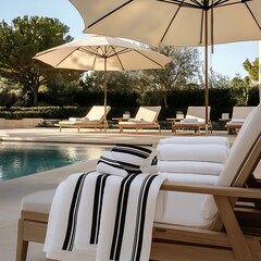 Wall Mural - Luxurious poolside lounge chairs with white towels,  facing a sparkling pool with umbrellas and a lush green background.