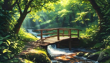 Wall Mural - Serene wooden bridge crossing tranquil forest stream with sunlight filtering through lush green foliage in lofi anime style