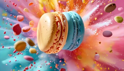 Wall Mural - Whimsical explosion of colorful macarons surrounded by playful candy pieces and sugary dust in a vibrant, multicolored setting