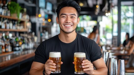 Inside a bar, a cheerful bartender, dressed in black, greets with a broad smile while holding up two frothy beer mugs, epitomizing hospitality and warmth.